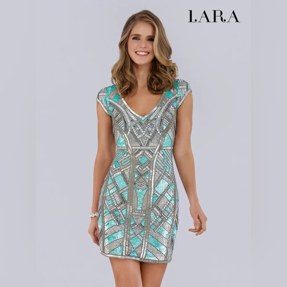 LARA- BEADED, V-NECK MINI DRESS - Picture 1 of 8